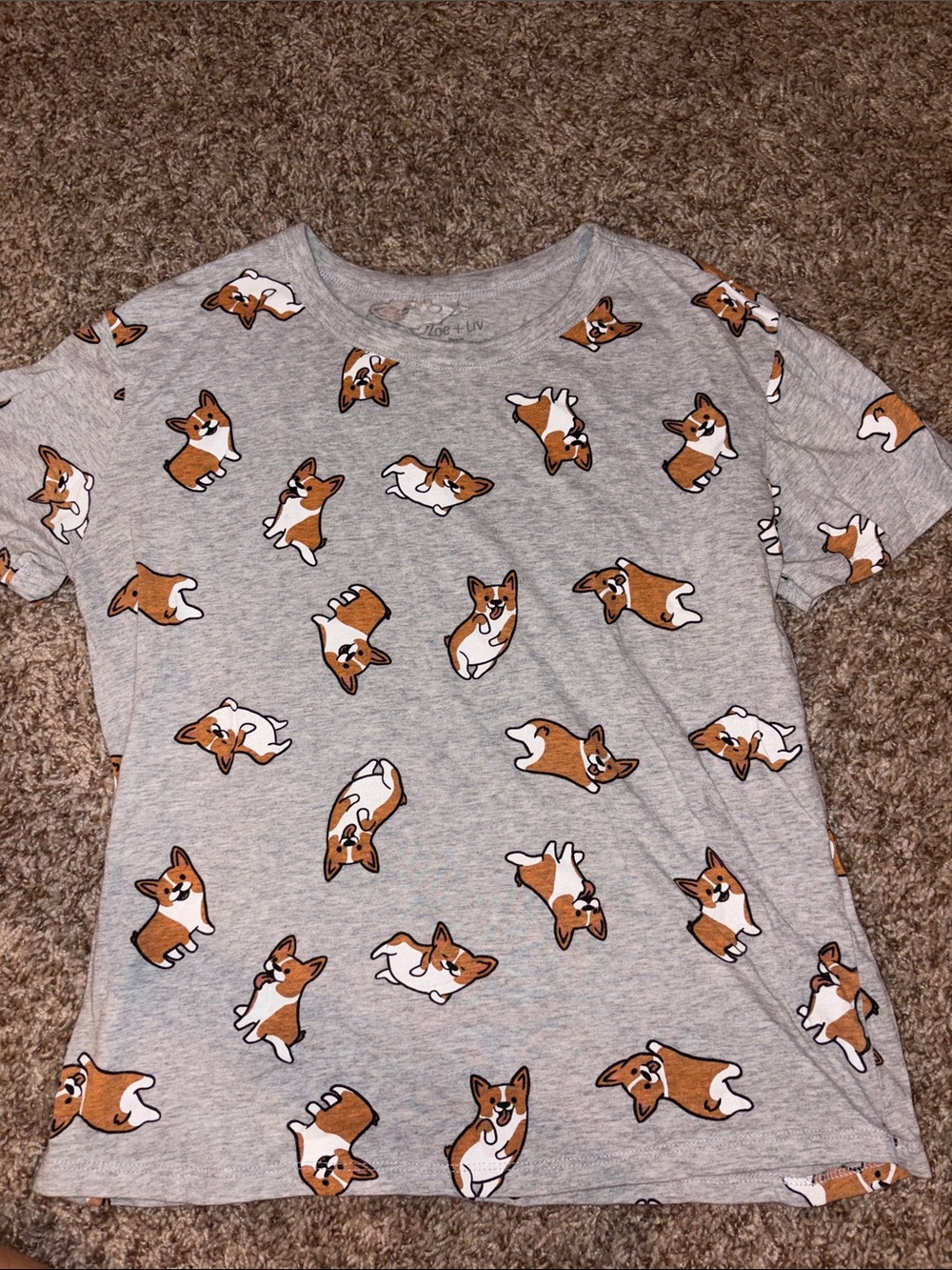 Zoe + Liv Gray Tee with Brown & White Corgi Print